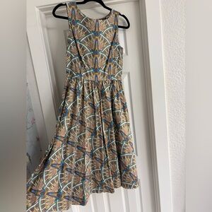 Retrolicious Geometric Blue and Brown Midi Dress